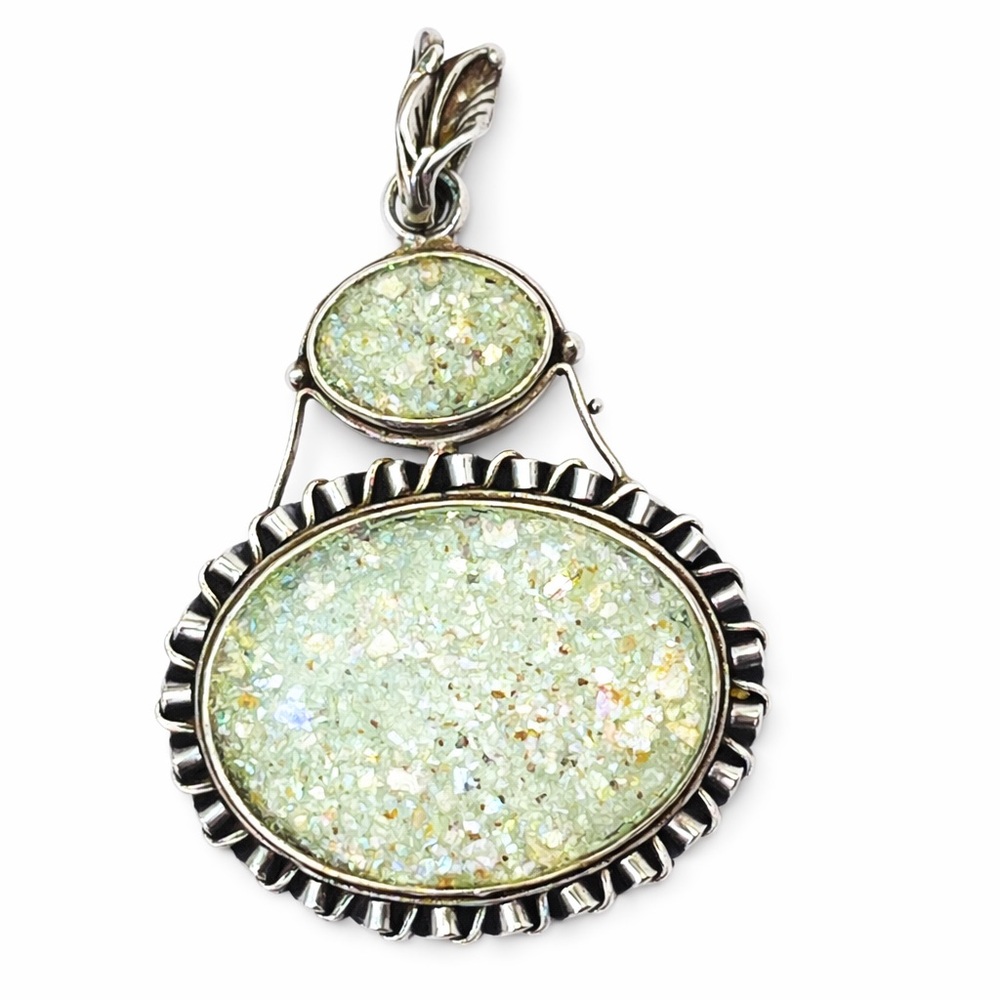 Roman Glass Sterling Silver Pendant 2” Ancient Glass Statement Necklace